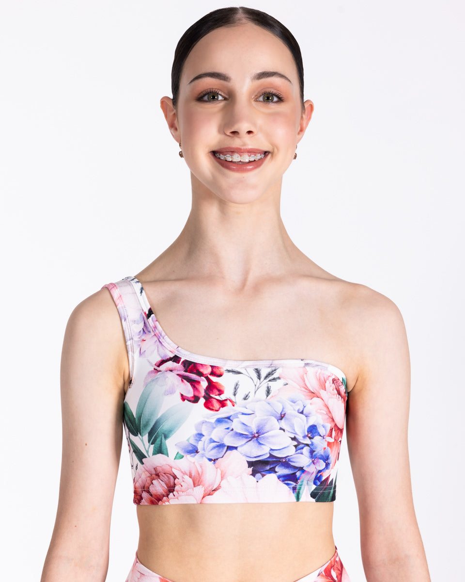 Girl wearing Floral Printed One Shoulder Crop