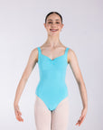 Girl wearing a light blue ballet leotard