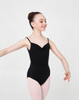 Female dancer wearing Odette Black adjustable strap ballet leotard